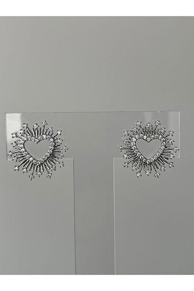 JELLY Women's Steel Silver Color Zircon Stone Heart Figured Sparkling Earrings