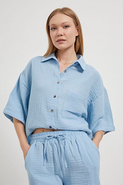 Arma Life Γυναικείο πουκάμισο Oversize Ελαστικό Μίνι Σορτς Μπλε Μουσελίνα Κάτω Σετ