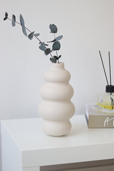 LOREMY Bej Seramik Vazo Dekoratif Bohem Vazo&Biblo