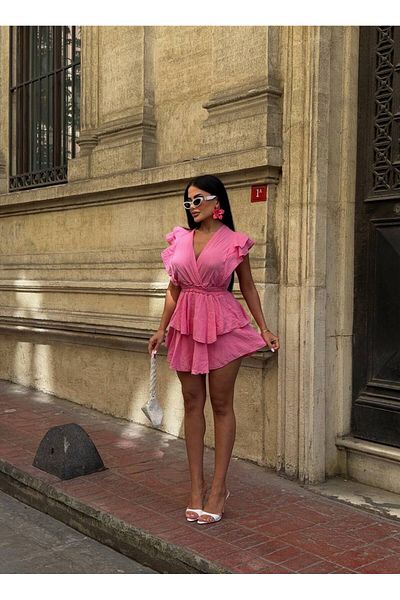 Stil Sepeti Rochie mini roz pentru femei, cu mâneci cu guler dublu și fustă, cu volane, pantaloni scurți din țesătură de muselină ELY-1000789120