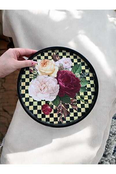 unique florya Checkered Round Tray 28cm Presentation Decorative Home Tableware Kitchen Tea Coffee Tray