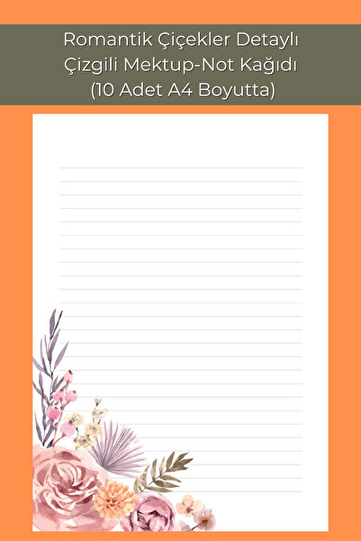Organik Yolda Romantik Çiçekler Detaylı, Çizgili Mektup-not Kağıdı, (10 ADET ...