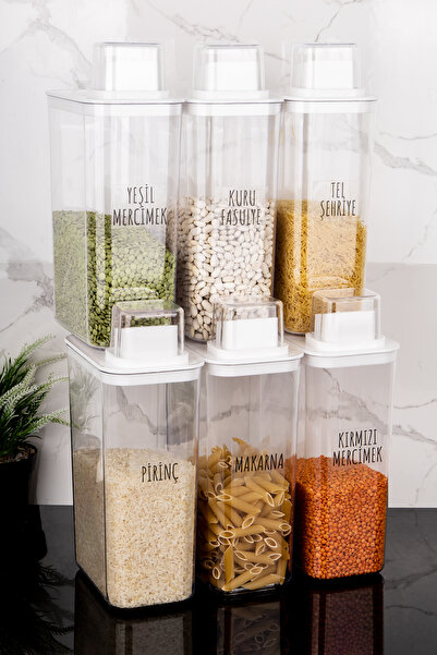 Dolkin Home 6lı 3000 ml Kendinden Ölçekli Erzak Seti Bakliyat Saklama Kutusu 25 Çeşit Şeffaf Bakliyat Etiketi