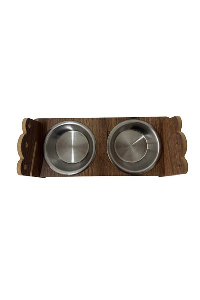 SENNEDİLERSEN Coffee Two Tier Wooden Disassembled Two Steel Cat Food and Water Bowl