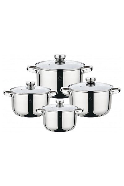 GRÜNBERG 8-piece set of 4 stainless steel pots with Grunberg heat-resistant glass lids