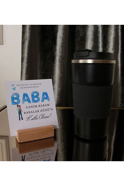 HEDİYEBİZİZ Father's Day Special Stainless Steel Black Thermos 450 ml - Gift Card and Wooden Note Holder