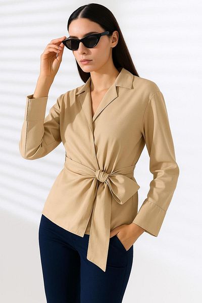 ribana Satin Double Breasted Collar Side Tie Shirt Blouse