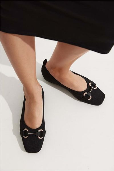 KOCAMANLAR Feles Knitwear Buckle Blunt Toe Women's Ballerina Shoes Black