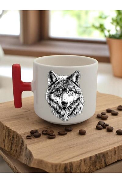 lili hediyelik Wolf Printed 3-Piece Red Handled Mug Cup Gift Ceramic Mug
