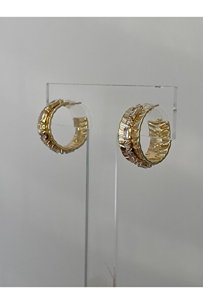 JELLY Women's Steel Gold Color Zircon Baguette Stone Grooved Design Modern Sparkling Hoop Earrings