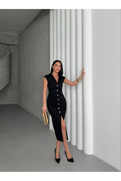 Cistern İstanbul Women's Black Gold Buttoned Drawstring Detailed Pencil Dress