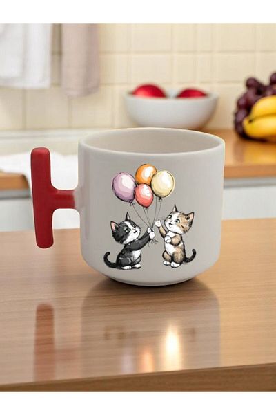 lili hediyelik 3-Piece Red Ceramic Mug with Balloons and Cat Printed Gift with Red Handles
