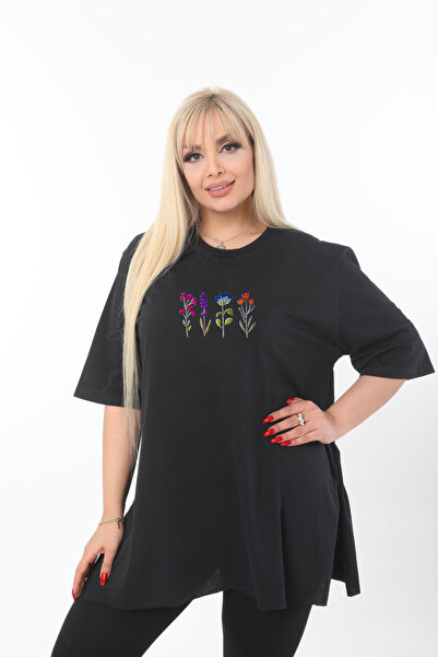 Ciao Çiçek baskılı siyah pamuk oversize tişört