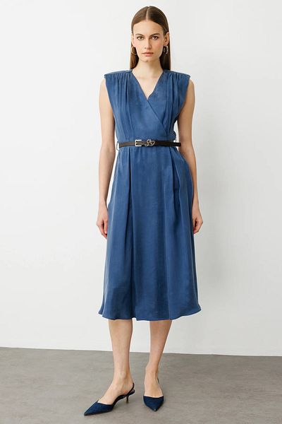 Ekol Draped Dress with Belted Waist and Shoulder