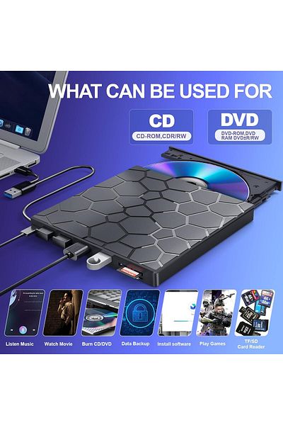 Staryon Portable External DVD Drive, Slim, ®, Usb 3.0, Cd/dvd /-, Rw, Multifunctional, Black