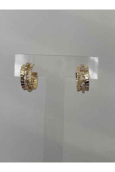 JELLY Kadın Çelik Altın Renk Zirkon Baget Taşlı Yivli Tasarım Modern Işıltılı Halka Küpe