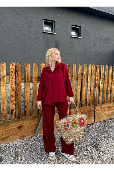 FİOXCO Avenza Strawberry Fabric Summer Bottom Top Double Claret Red Set