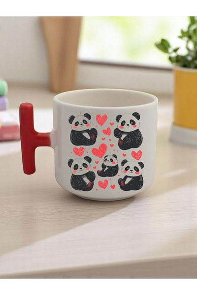 lili hediyelik Hearts and Panda Printed 3-Piece Red Mug with Handle Gift Ceramic Mug