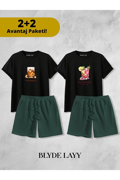 BLYDE LAYY Whiskey-Coctail Printed Unisex 2-Piece Lover Couple Combination (2 Shorts - 2 T-Shirt Set Advantage Package)