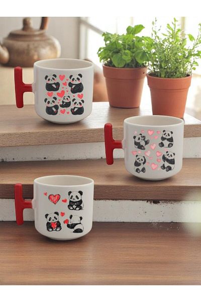 lili hediyelik Hearts and Panda Printed 3-Piece Red Mug with Handle Gift Ceramic Mug