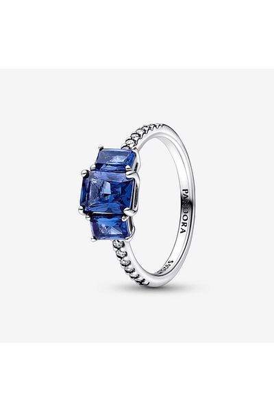 Pandora Inel stralucitor Pandora Argint 925 cu trei pietre dreptunghiulare albastre – 54mm