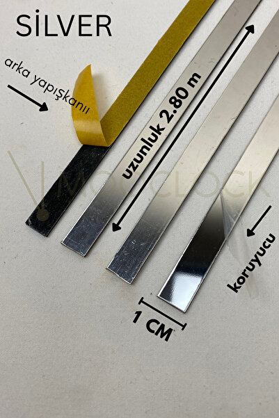 MOOCLOCK Dekoratif Yapışkanlı Aynalı Pleksi (10MM) (GÜMÜŞ-SİLVER) Şerit Mobilya Dolap Süsü