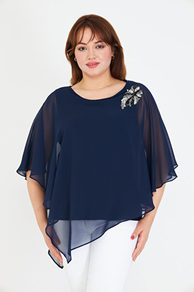 UNIQUE LADY بلوزة شيفون مريحة ذات طبقات - مزينة بالأحجار، مقاس كبير