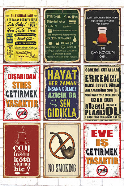 bin ler ce tablo 9 Parça Karışık Yazılı Ahşap Tablo Seti mutfak kuralları ail...