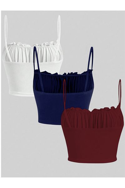 poswicon White Navy Blue Burgundy Mod Curved Chest Ruffled Cut Summer Piping Strap Top Crop