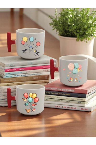lili hediyelik Birds Printed 3-Piece Red Handled Mug Cup Gift Ceramic Mug