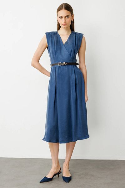 Ekol Draped Dress with Belted Waist and Shoulder