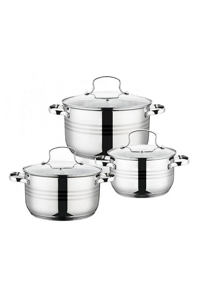 GRÜNBERG 6-piece set of 3 stainless steel pots with Grunberg heat-resistant glass lids