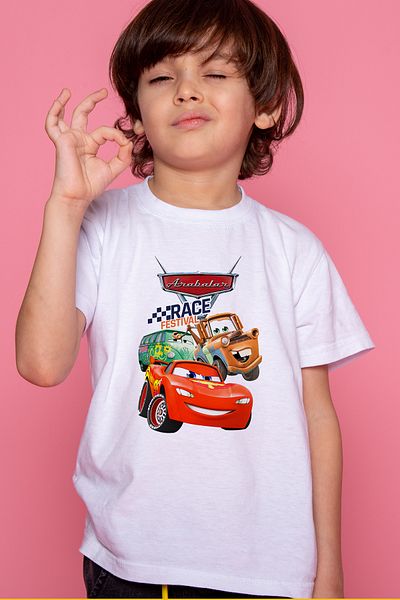 Store تيشيرت أطفال مطبوع عليه سيارات سيارات باللونين الأبيض والأسود
