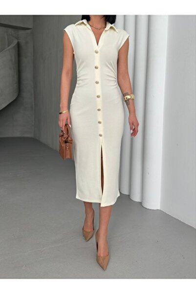 Cistern İstanbul Women's White Gold Buttoned Drawstring Detailed Pencil Dress