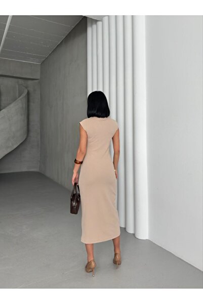 Cistern İstanbul Γυναικείο μπεζ χρυσό φόρεμα με κορδόνι με λεπτομέρεια μολύβι