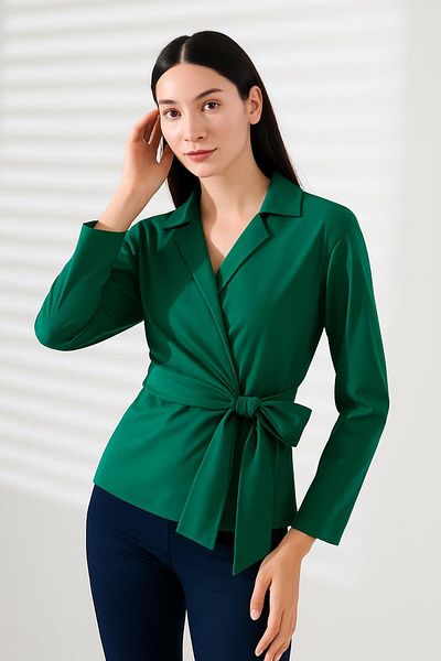 ribana Satin Double Breasted Collar Side Tie Shirt Blouse