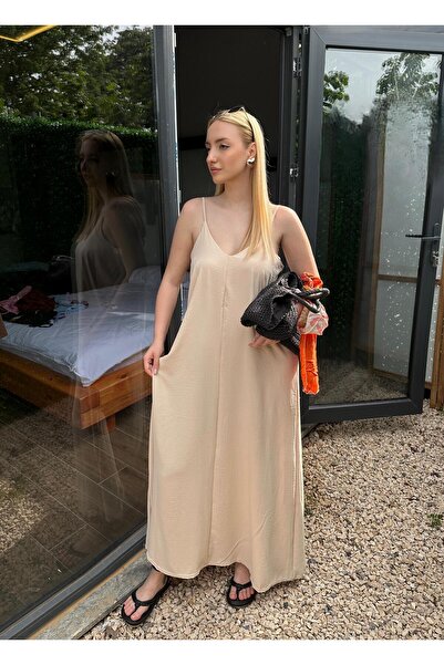 FİOXCO Rochie boemă bej - bretele reglabile, țesătură aerobin, lungime întreagă