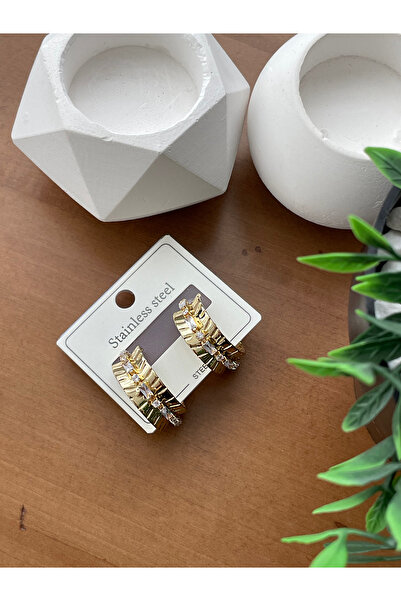 JELLY Kadın Çelik Altın Renk Zirkon Baget Taşlı Yivli Tasarım Modern Işıltılı Halka Küpe