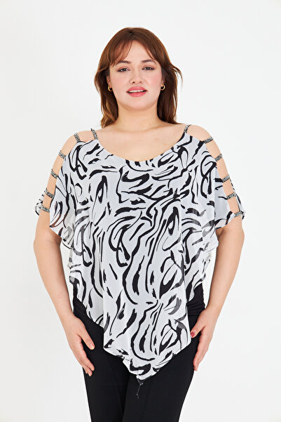 UNIQUE LADY Bluză de damă din șifon cu model alb-negru - cu bretele cu detali...