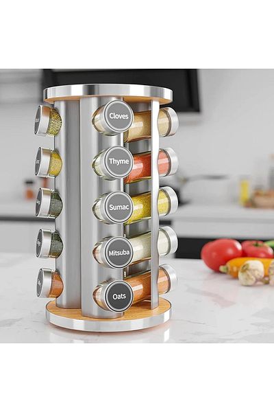Un Revolving Spice Rack Organizer for Spices and Seasonings with 20 Glass Jars, Silver