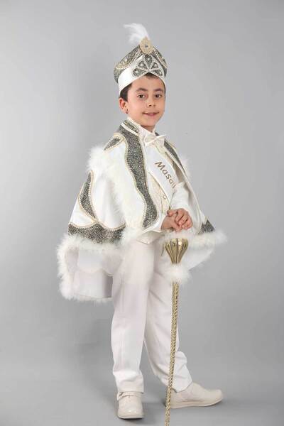 Osmanlı Sünnet Kıyafetleri İnci Taşlı Krem Kahve Pelerin Sünnet Takımı