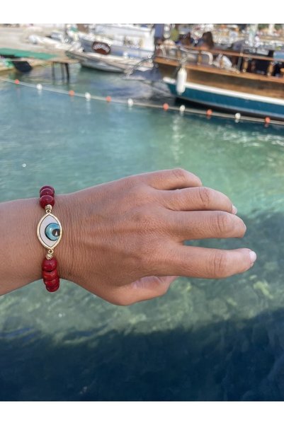 byebruketenci Red Basement Glass Beaded, Porcelain Eye Evil Eye Beaded Bracelet