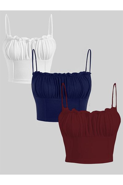 poswicon White Navy Blue Burgundy Mod Curved Chest Ruffled Cut Summer Piping Strap Top Crop