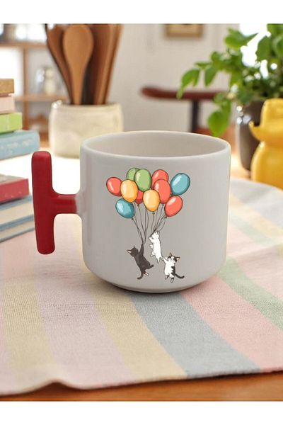 lili hediyelik Birds Printed 3-Piece Red Handled Mug Cup Gift Ceramic Mug