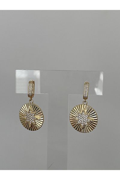 JELLY Women's Steel Gold Color Zircon Stone Embossed Shiny Sun Detailed Round Design Modern Earrings