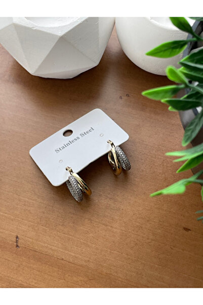 JELLY Kadın Çelik Altın Renkli Işıltılı Zirkon Taşlı İkili Model Yuvarlak Halka Küpe