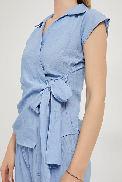 Arma Life Women's Sleeveless Blouse Elastic Pants Blue Double Bottom Top Set