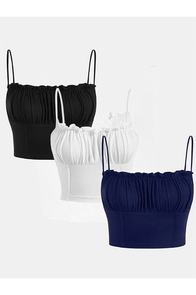 poswicon Black White Navy Blue Tip Mod Curved Chest Ruffle Cut Summer Piping Strap Top Crop