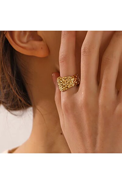 Siya Silver Kararmaz Çelik Dokulu Dalgalı Model Gold Renk Ayarlanabilir Kadın Yüzük