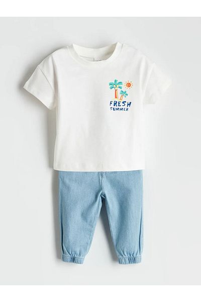 LC Waikiki Lcw Baby Ecru Embroidered Baby Boy T-Shirt and Pants 2-Pack